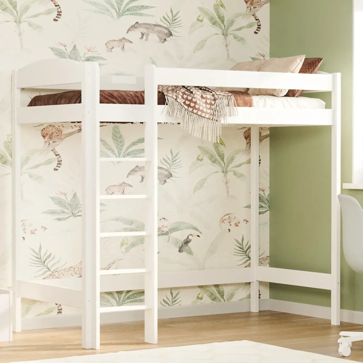 Łóżko drewniane antresola z łukiem biały WRÓBEL