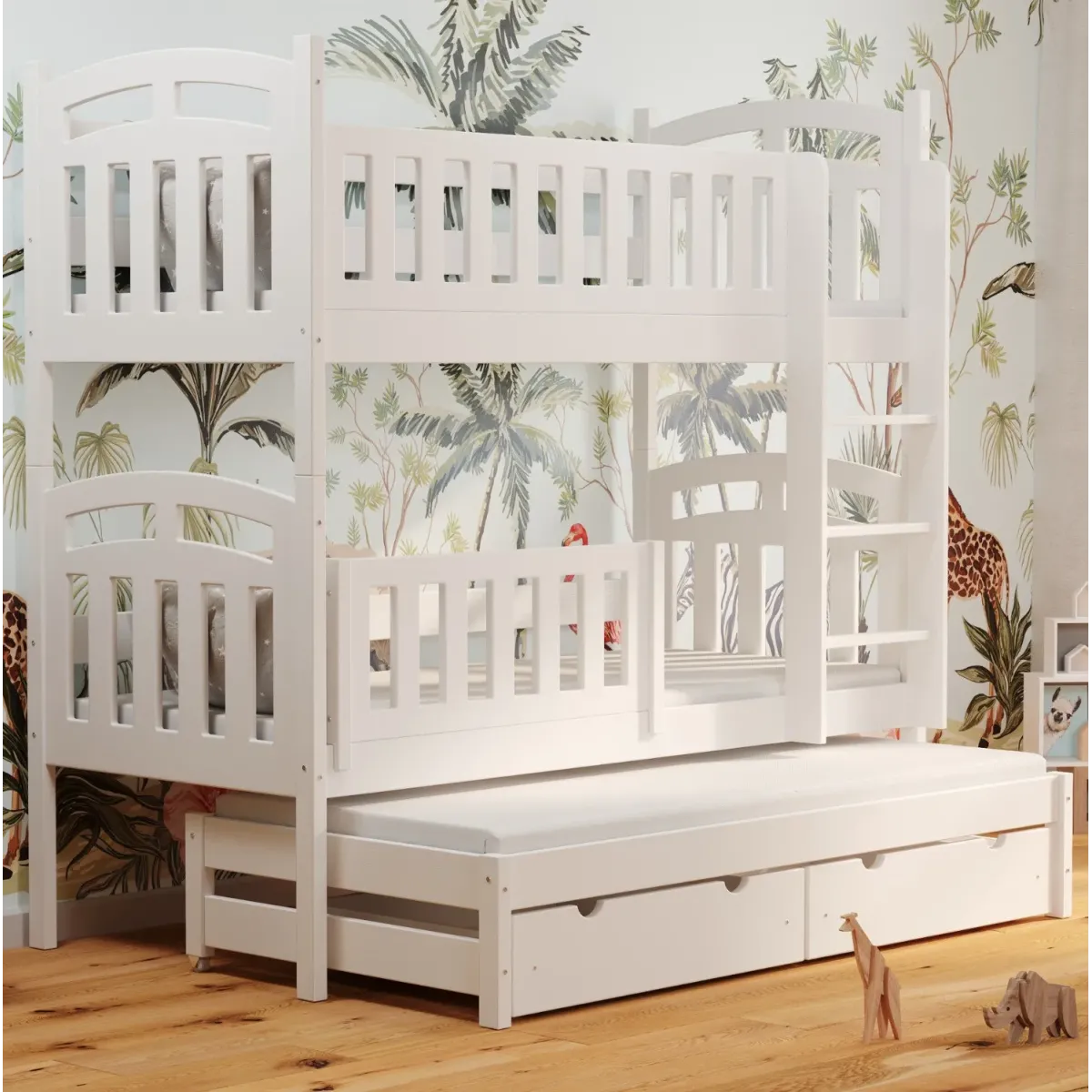 Łóżko drewniane piętrowe ZUZIA z wysuwem biały MEBLE WRÓBEL