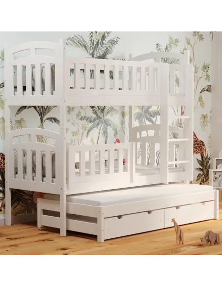 Łóżko drewniane piętrowe ZUZIA z wysuwem biały MEBLE WRÓBEL