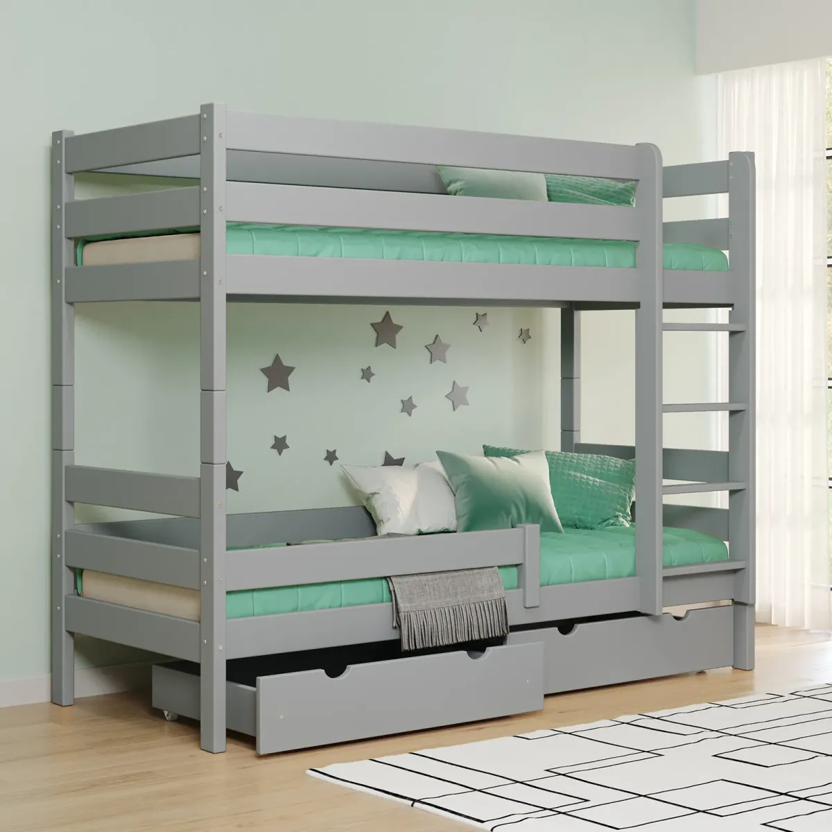 Łóżko drewniane piętrowe GAGATEK LUX szary MEBLE WRÓBEL