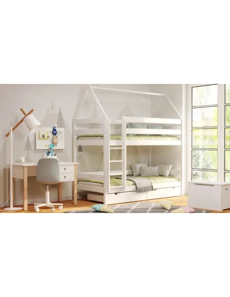 Łóżko drewniane piętrowe DOMEK PIĘTROWY biały MEBLE WRÓBEL