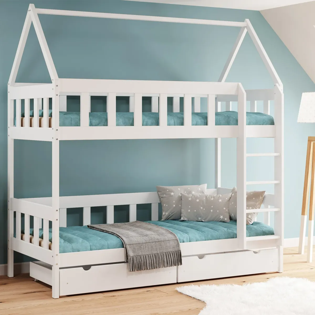 Łóżko drewniane piętrowe DOMEK CHWAT biały MEBLE WRÓBEL