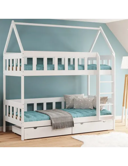 Łóżko drewniane piętrowe DOMEK CHWAT biały MEBLE WRÓBEL