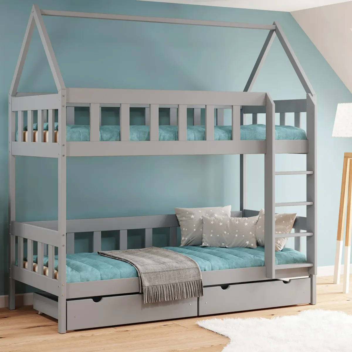 Łóżko drewniane piętrowe DOMEK CHWAT szary MEBLE WRÓBEL