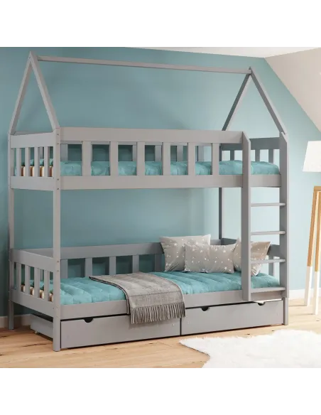 Łóżko drewniane piętrowe DOMEK CHWAT szary MEBLE WRÓBEL
