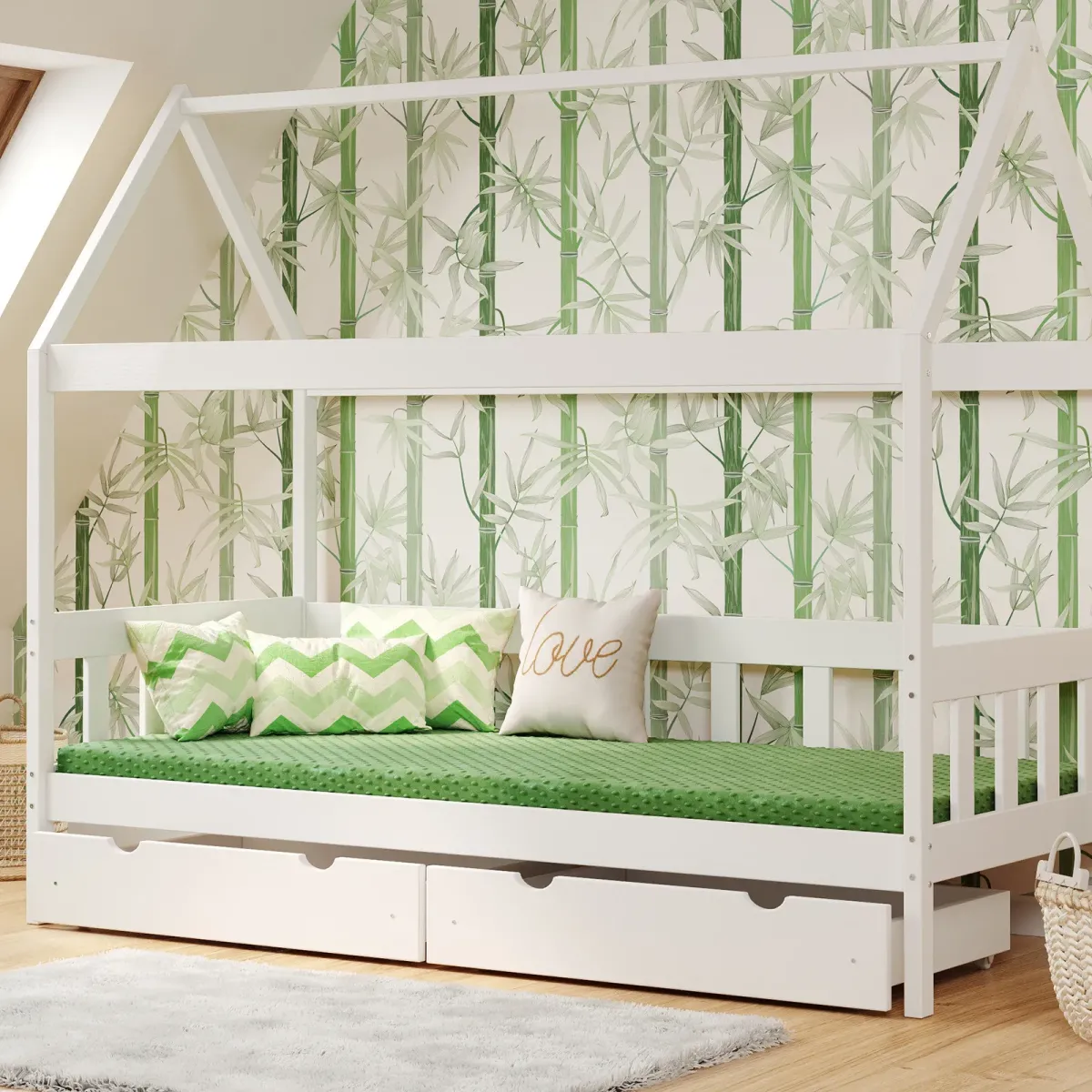 Łóżko drewniane pojedyncze DOMEK SKRZAT biały MEBLE WRÓBEL