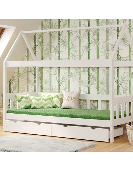 Łóżko drewniane pojedyncze DOMEK SKRZAT biały MEBLE WRÓBEL