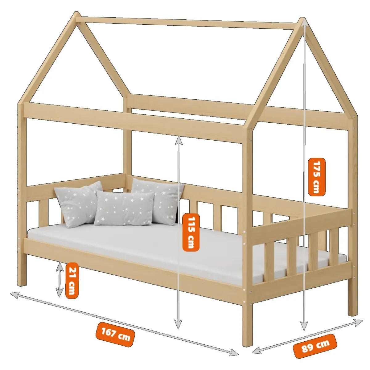 Łóżko drewniane pojedyncze DOMEK SKRZAT wymiary MEBLE WRÓBEL