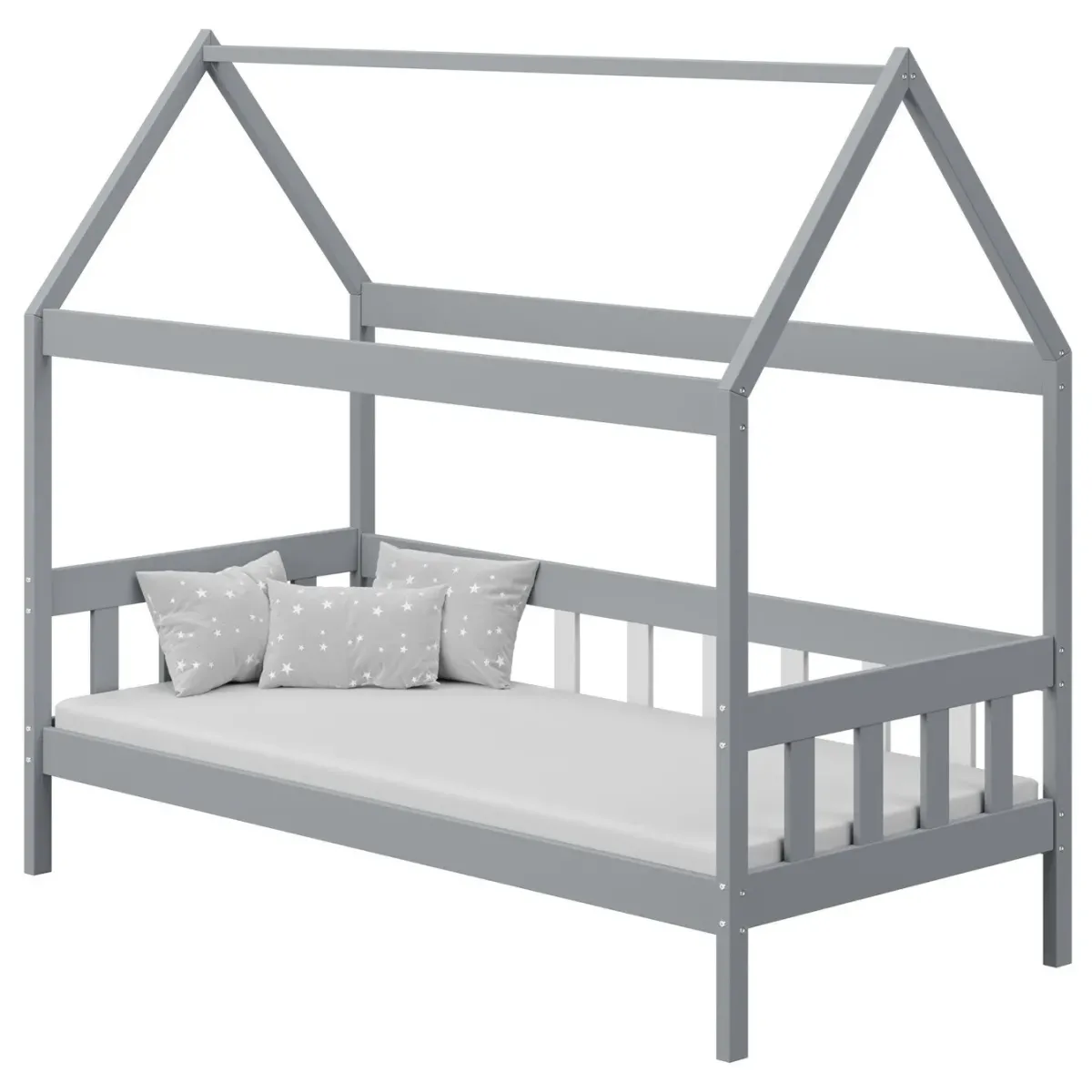 Łóżko drewniane pojedyncze DOMEK SKRZAT szary MEBLE WRÓBEL