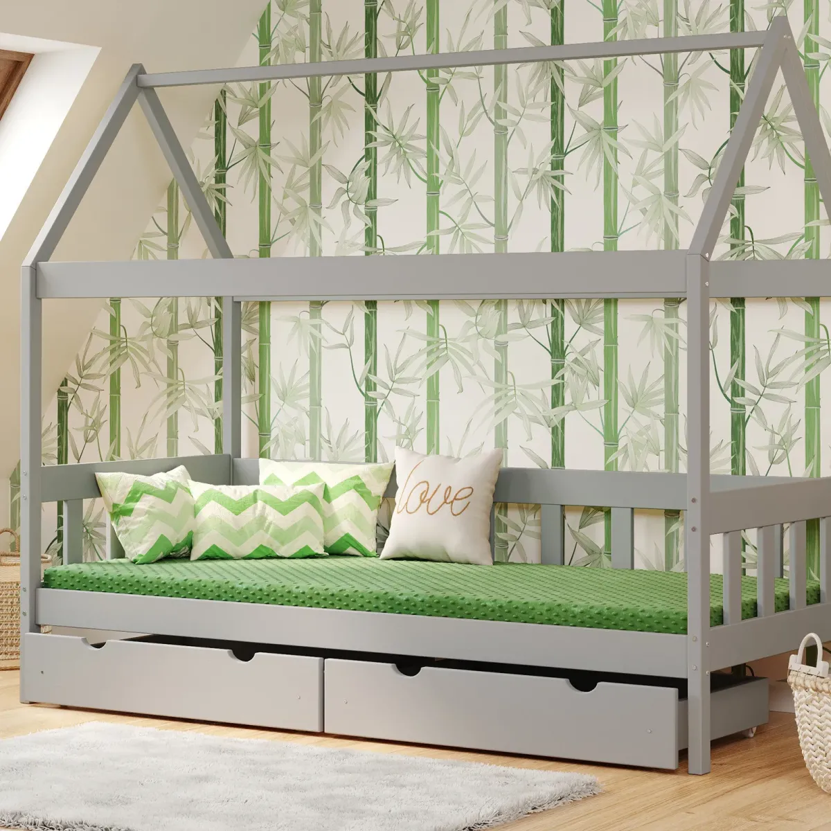 Łóżko drewniane pojedyncze DOMEK SKRZAT szary MEBLE WRÓBEL