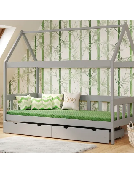 Łóżko drewniane pojedyncze DOMEK SKRZAT szary MEBLE WRÓBEL