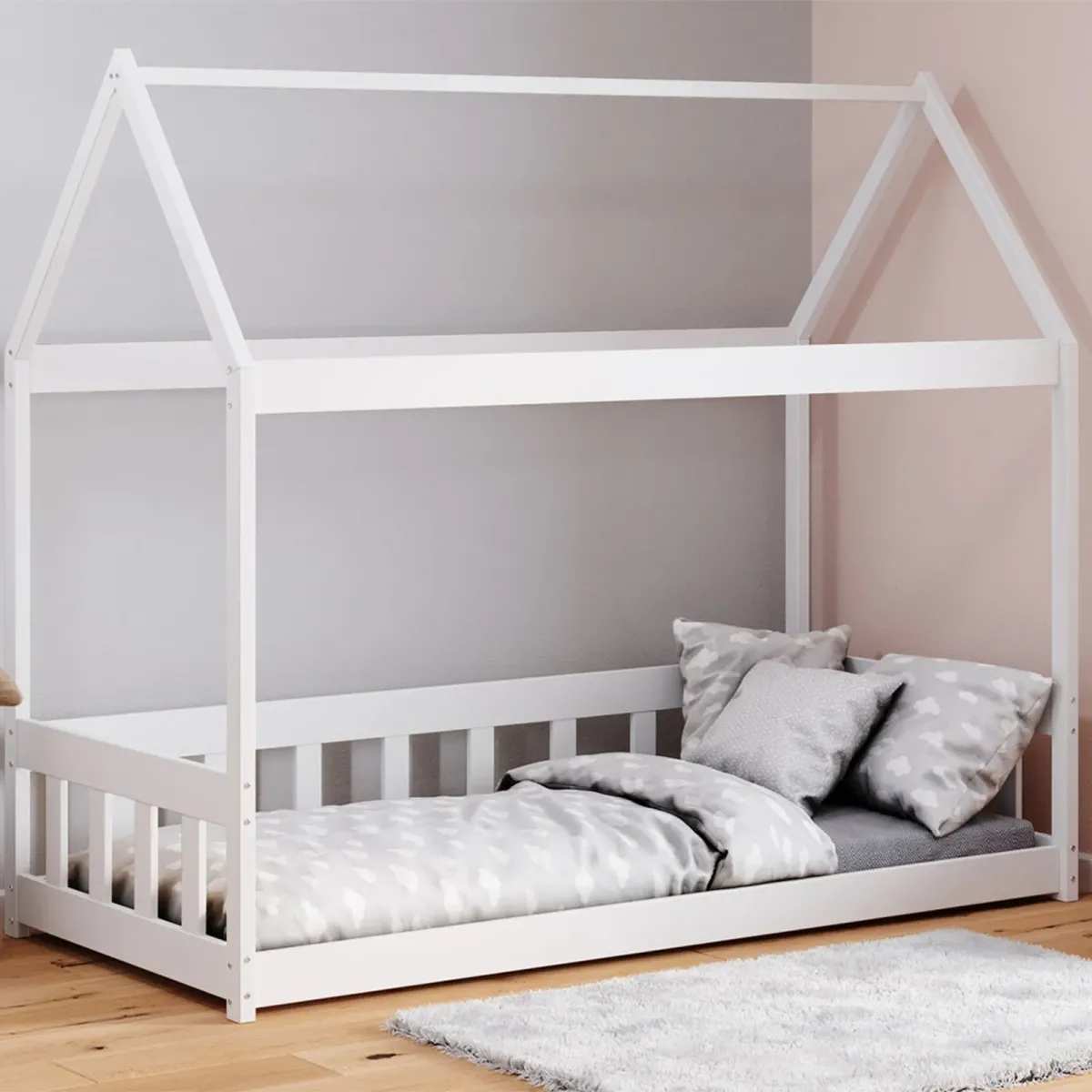 Łóżko drewniane pojedyncze DOMEK BRAT biały MEBLE WRÓBEL