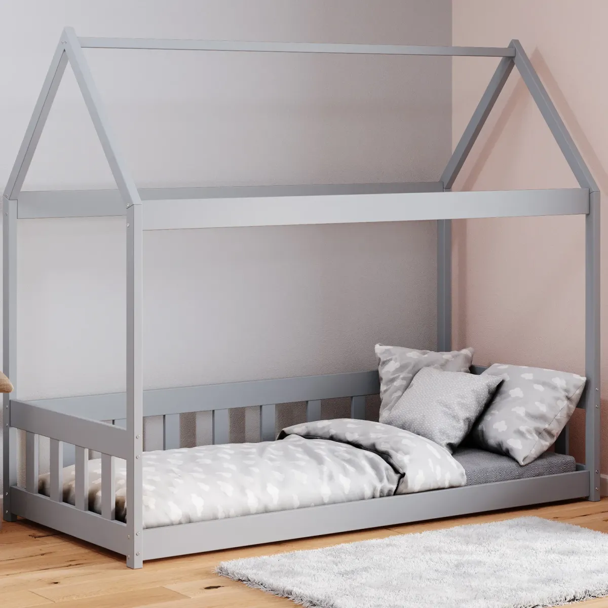 Łóżko drewniane pojedyncze DOMEK BRAT szary MEBLE WRÓBEL