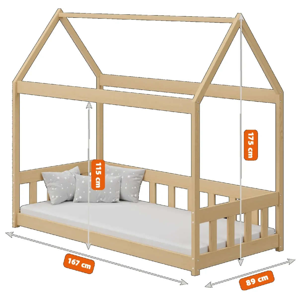 Łóżko drewniane pojedyncze DOMEK BRAT wymiary MEBLE WRÓBEL