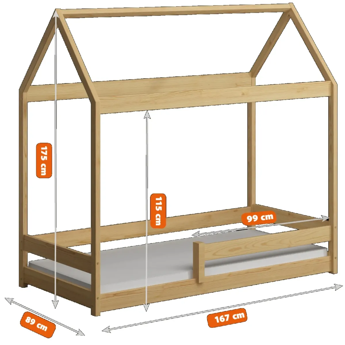 Łóżko drewniane pojedyncze DOMEK MIŚ wymiary MEBLE WRÓBEL