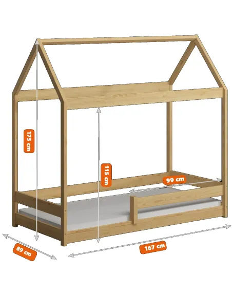 Łóżko drewniane pojedyncze DOMEK MIŚ wymiary MEBLE WRÓBEL