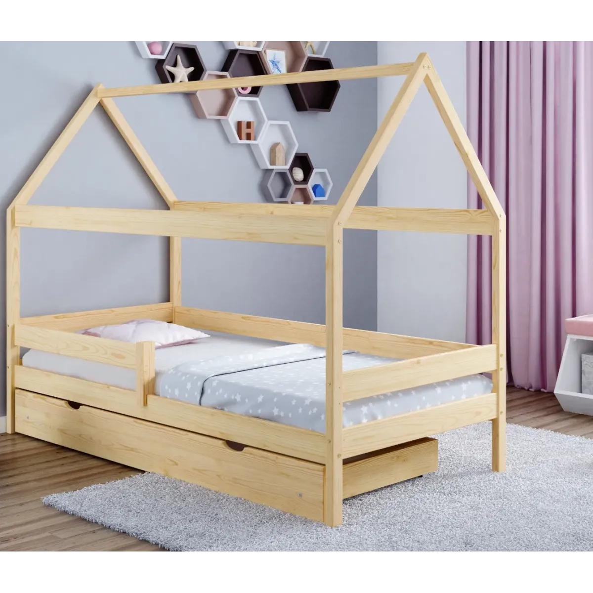 Łóżko drewniane pojedyncze DOMEK PLUS sosna MEBLE WRÓBEL