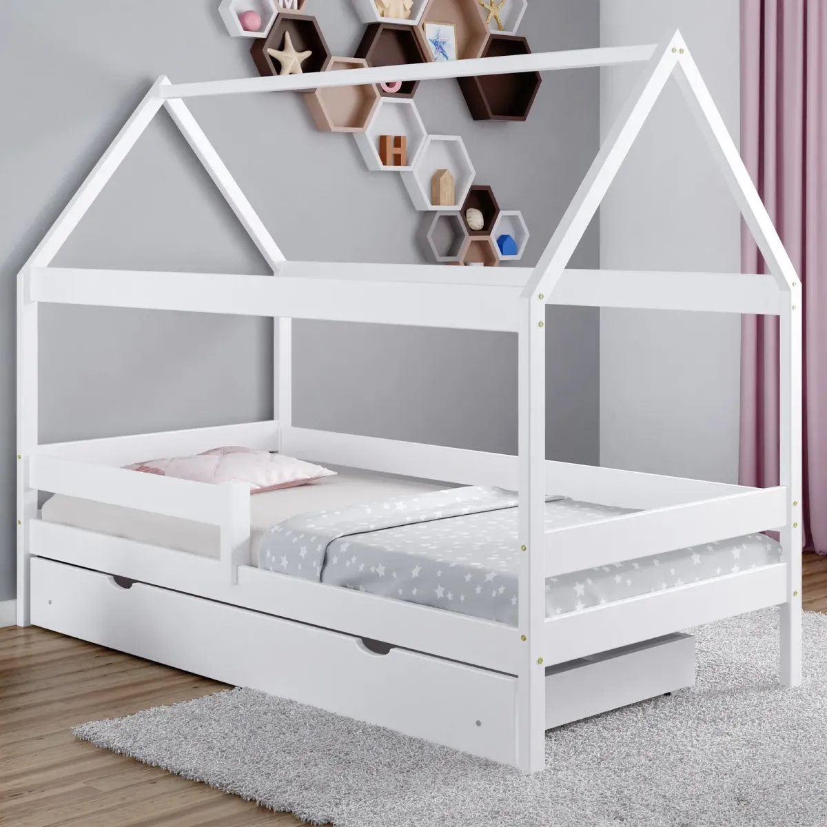 Łóżko drewniane pojedyncze DOMEK PLUS biały MEBLE WRÓBEL