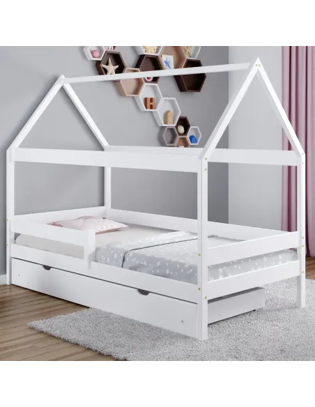 Łóżko drewniane pojedyncze DOMEK PLUS biały MEBLE WRÓBEL