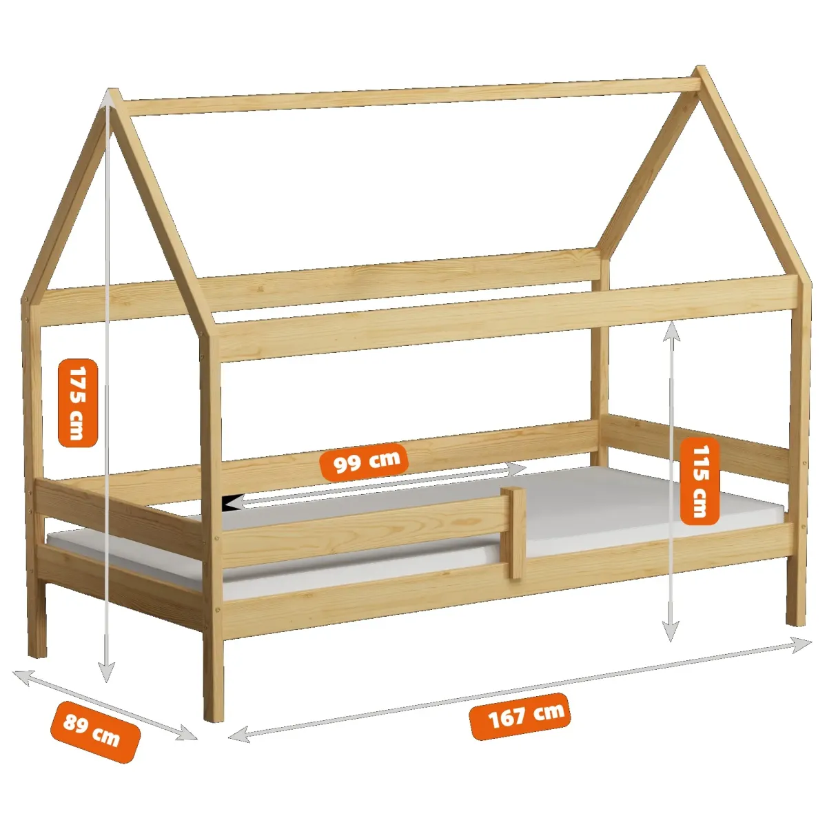 Łóżko drewniane pojedyncze DOMEK PLUS wymiary MEBLE WRÓBEL