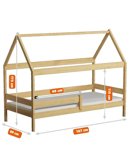 Łóżko drewniane pojedyncze DOMEK PLUS wymiary MEBLE WRÓBEL