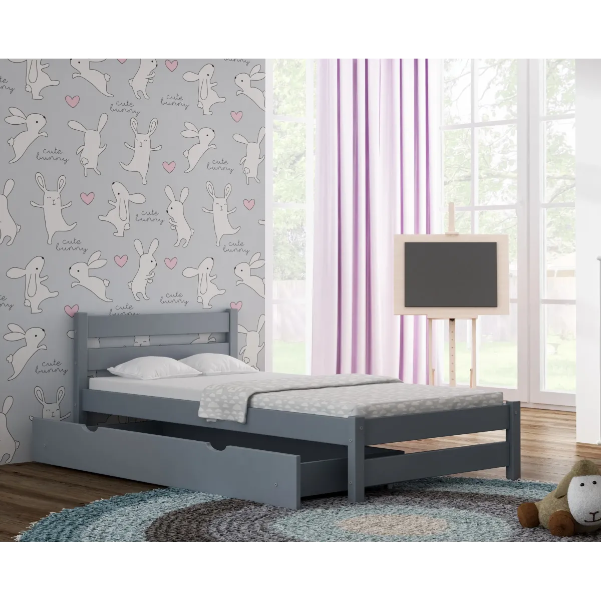 Łóżko drewniane pojedyncze KARO szary MEBLE WRÓBEL