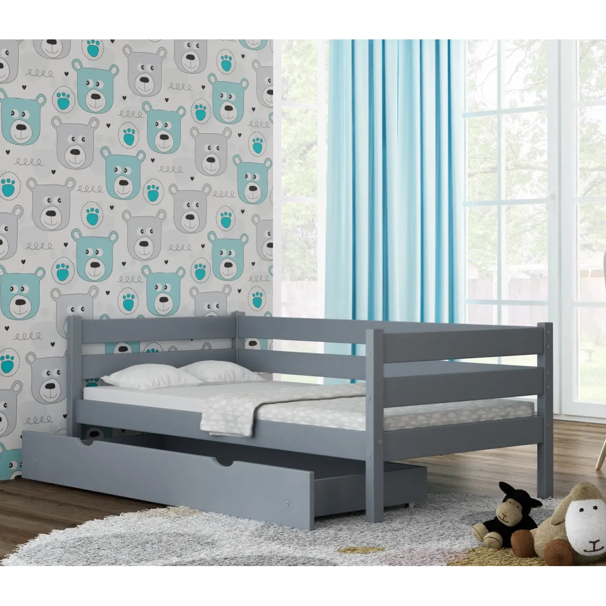 Łóżko drewniane pojedyncze KARO Z szary MEBLE WRÓBEL