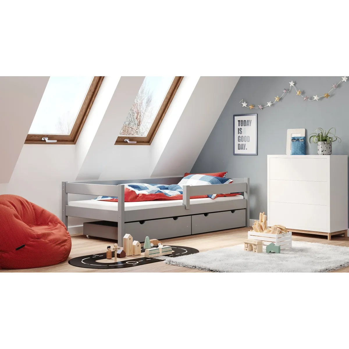 Łóżko drewniane pojedyncze PAWCIO szary MEBLE WRÓBE