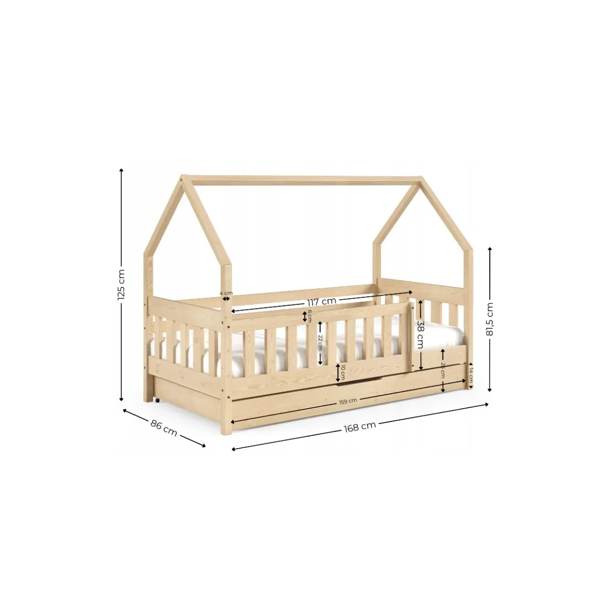 Łóżko drewniane pojedyncze LUNA DOMEK LONG wymiary MEBLE WRÓBEL