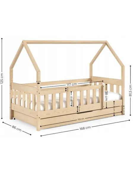 Łóżko drewniane pojedyncze LUNA DOMEK LONG wymiary MEBLE WRÓBEL