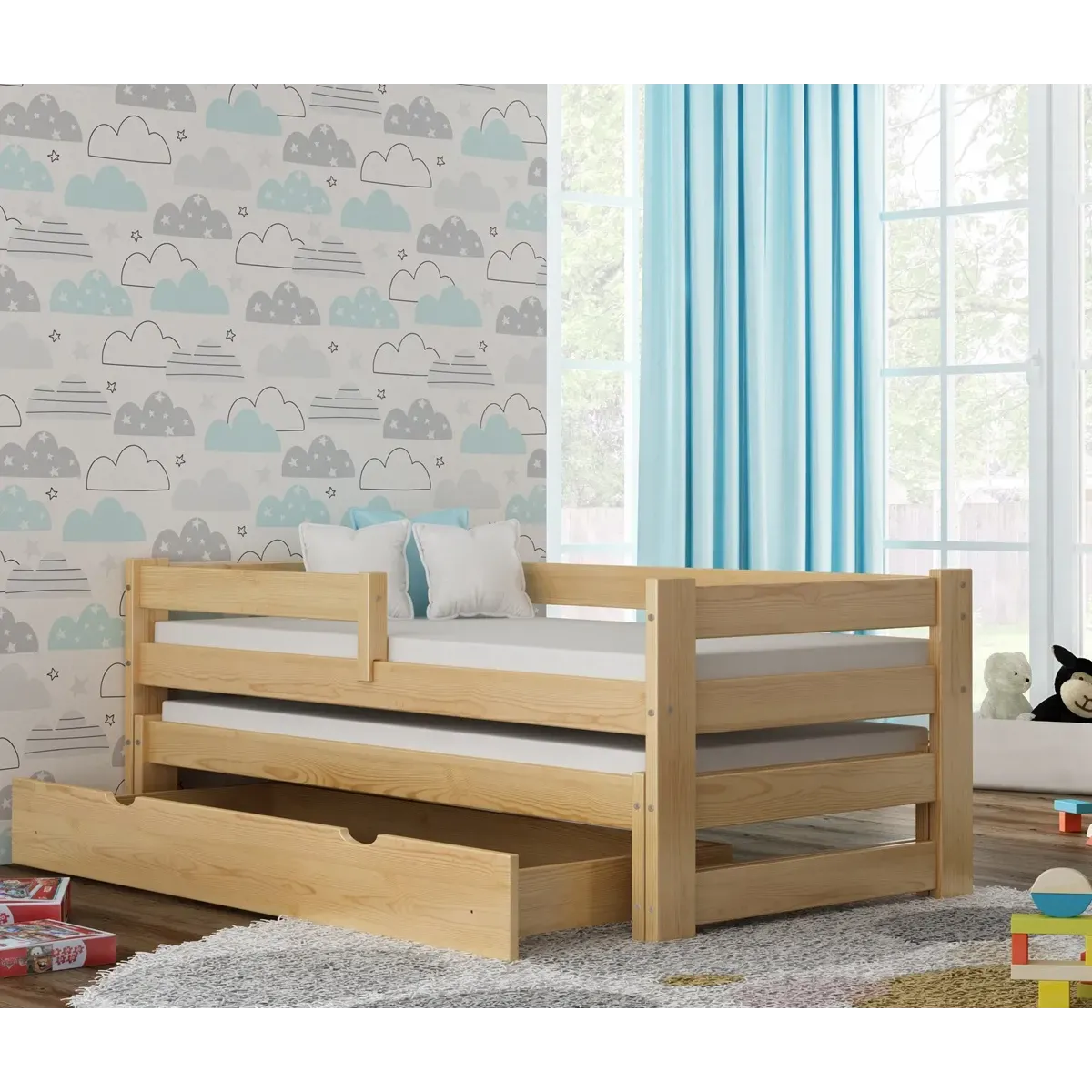 Łóżko drewniane podwójne PAWEŁEK DUO sosna MEBLE WRÓBEL