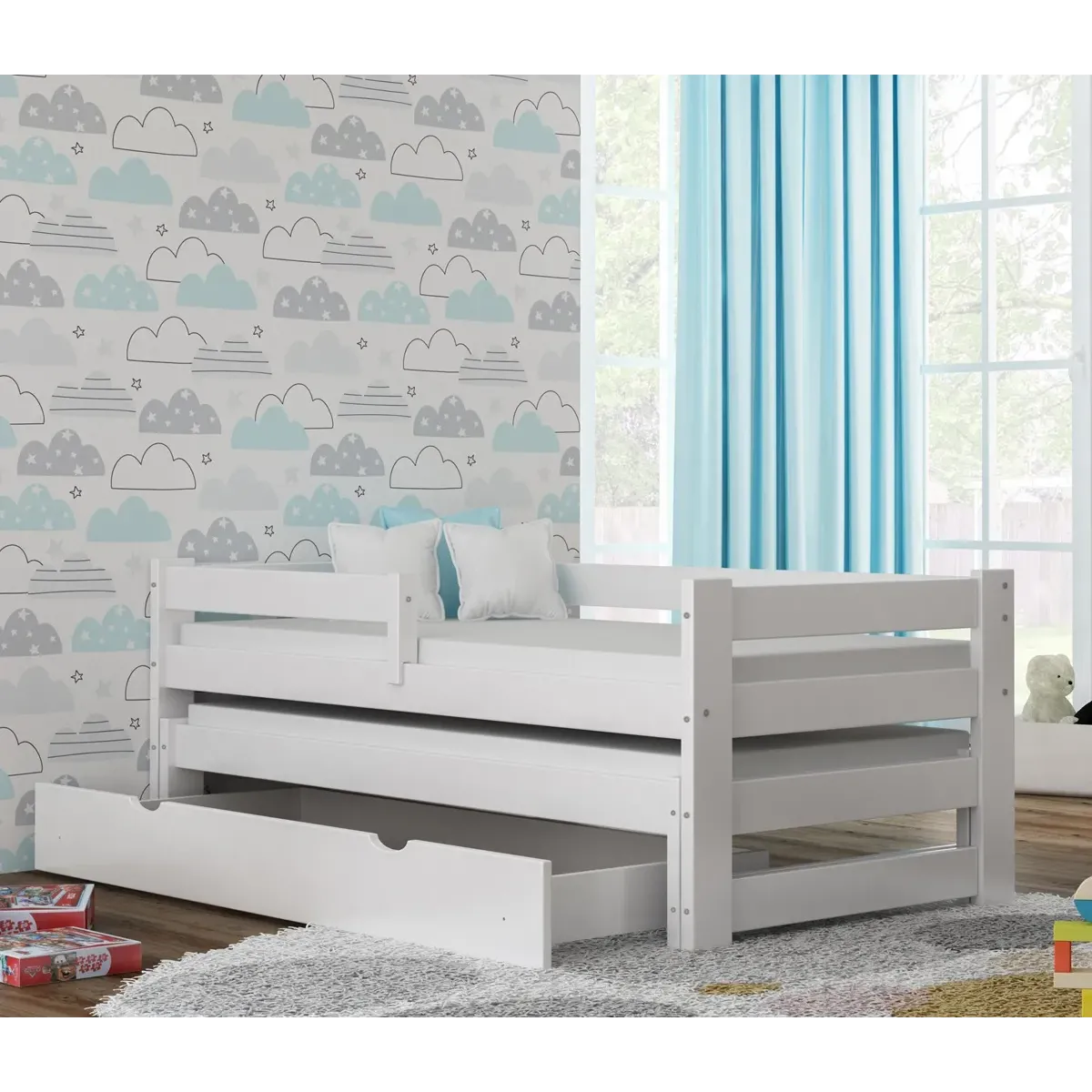 Łóżko drewniane podwójne PAWEŁEK DUO biały MEBLE WRÓBEL