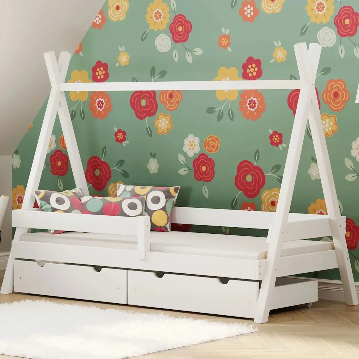 Łóżko pojedyncze drewniane TIPI PLUS biały z szufladą MEBLE WRÓBEL