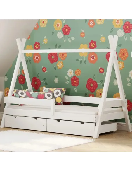 Łóżko pojedyncze drewniane TIPI PLUS biały z szufladą MEBLE WRÓBEL