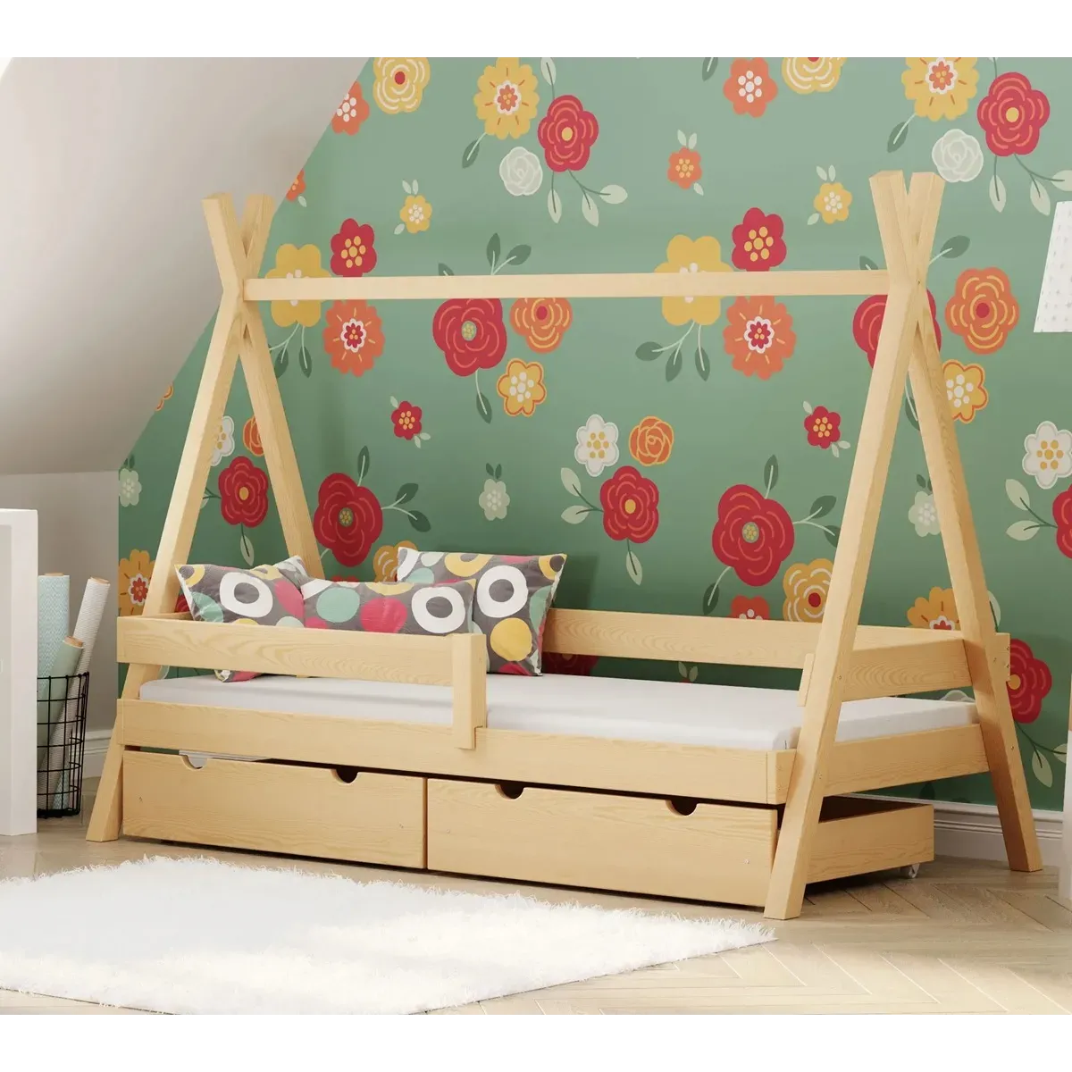Łóżko pojedyncze drewniane TIPI PLUS sosna z szufladą MEBLE WRÓBEL