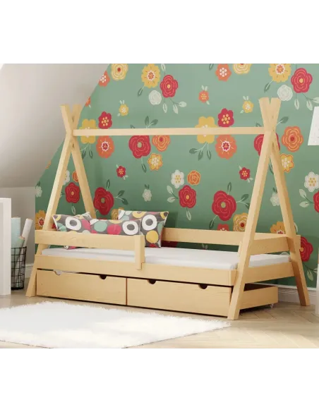 Łóżko pojedyncze drewniane TIPI PLUS sosna z szufladą MEBLE WRÓBEL