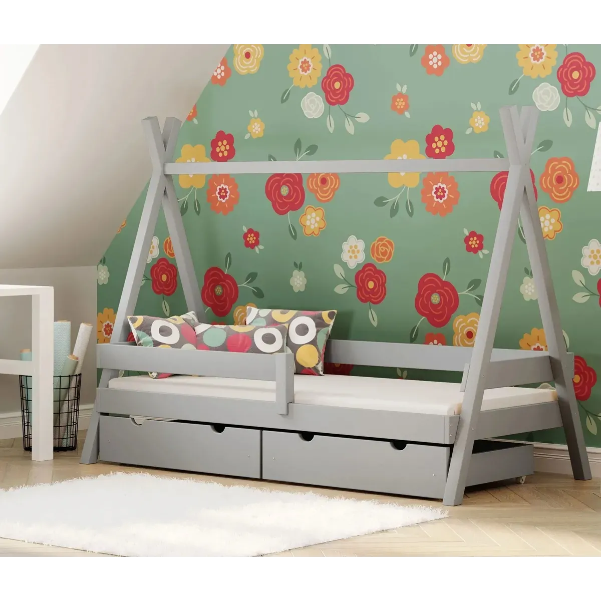 Łóżko pojedyncze drewniane TIPI PLUS szary z szufladą MEBLE WRÓBEL