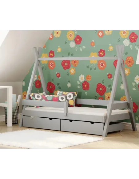 Łóżko pojedyncze drewniane TIPI PLUS szary z szufladą MEBLE WRÓBEL