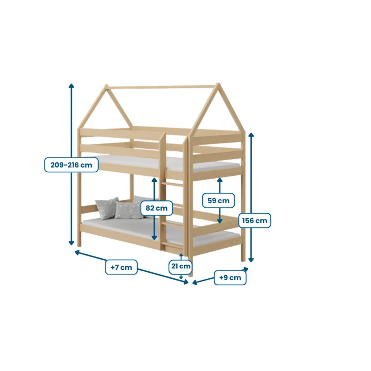 Łóżko drewniane piętrowe DOMEK PIĘTROWY wymiary MEBLE WRÓBEL