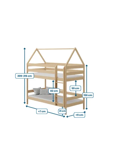 Łóżko drewniane piętrowe DOMEK PIĘTROWY wymiary MEBLE WRÓBEL