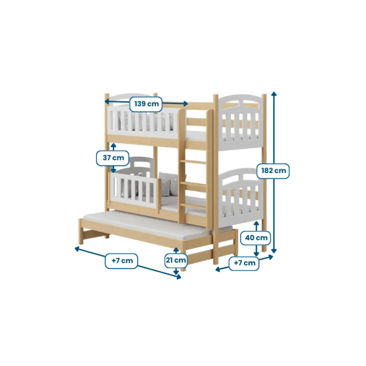 Łóżko drewniane piętrowe ZUZIA z wysuwem wymiary MEBLE WRÓBEL
