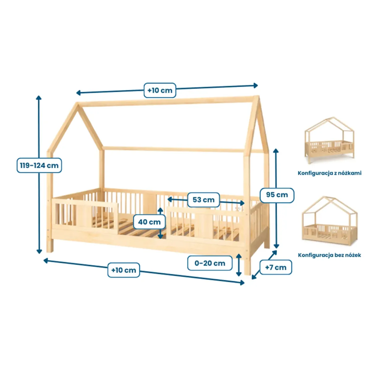 Łóżko drewniane pojedyncze LUNA DOMEK LONG wymiary MEBLE WRÓBEL