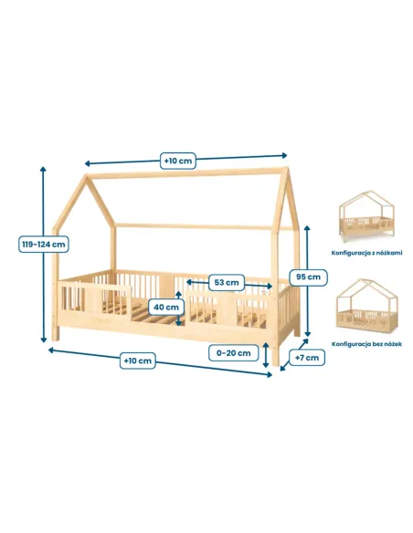 Łóżko drewniane pojedyncze LUNA DOMEK LONG wymiary MEBLE WRÓBEL