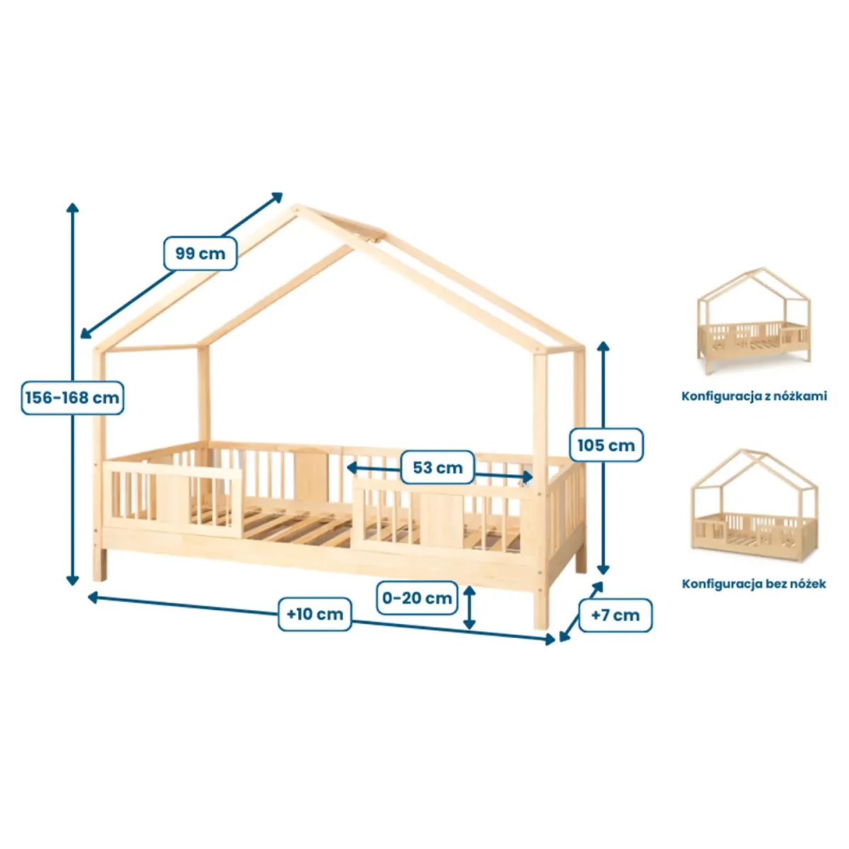 Łóżko drewniane pojedyncze LUNA DOMEK SHORT wymiary MEBLE WRÓBEL