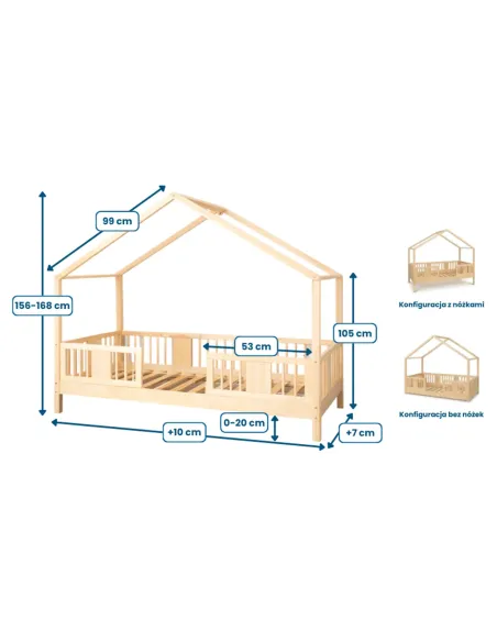 Łóżko drewniane pojedyncze LUNA DOMEK SHORT wymiary MEBLE WRÓBEL